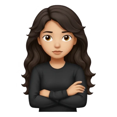 Hispanic girl with dark long wavy hair crossing her arms with slight pout wearing a black long sleeve shirt sticker