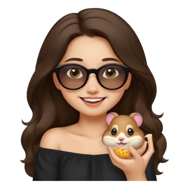 clean emoji-style illustration of a young woman with light skin, long wavy dark brown hair, black off-shoulder top, soft smile, warm eyes, cheeky hamster with sunglasses on her shoulder munching a seed, both playful and happy, soft pastel background, cheerful charming style sticker