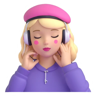 blonde American girl wearing a pink beret and AirPods Max headphones, listening to music with closed eyes sticker