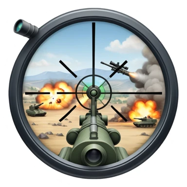An icon symbolizing first-person shooter games. The design features a circular sniper scope view with crosshairs aimed at a distant target. The background shows a battlefield with soldiers and explosions, capturing the action-packed intensity of FPS games. Transparent background. sticker