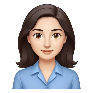 Professional woman in her 30s with light complexion, oval face, gentle features, large dark brown eyes, well-formed medium eyebrows, small nose, warm friendly smile, long slightly wavy dark brown hair with soft volume, wearing a light blue dress shirt sticker