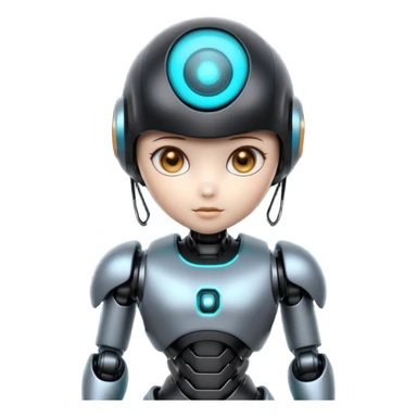Cute futuristic chibi humanoid robot with large rounded head, add text on chest "LMX", glossy black and grey metal body, glowing cyan and amber eyes, visible joints, confident pose, white background, high-detail 3D render,  sticker