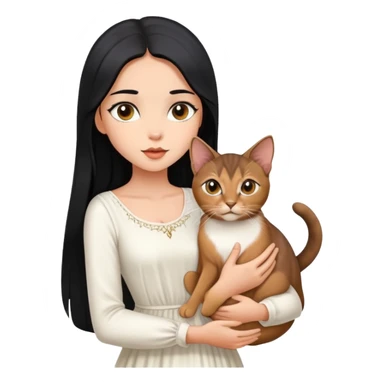 A beautiful girl with long black hair wearing a white dress holds an Abyssinian cat in her arms sticker