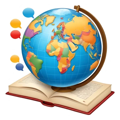 An icon featuring a globe with speech bubbles in different languages, symbolizing the study of foreign languages. The design includes a book and a pencil, representing learning and communication across cultures. Transparent background highlights the global nature of language education. sticker