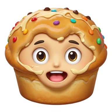 Funny cartoon mini pastry, slightly messy and squished, big round eyes, wide open mouth, playful surprised expression, text above: "ПАСТИЧКА", chibi style, Twitch emoji style, transparent background, colorful

 sticker