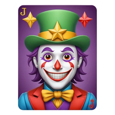 1 poker card, perfectly squared card, with crazy colorful human jolly joker inside, star symbol with a "J" sticker