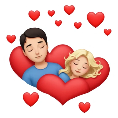 Sleeping romance couple. man has dark hair. woman is blonde. hearts surrounding them. no third person. sticker