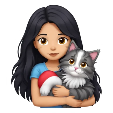 Girl with long black hair hugging a gray fluffy plush toy and a tricolor Maine Coon cat sticker