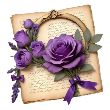 A delicate bouquet of lavender sprigs, dusty mauve roses, and deep violet peonies rests atop an antique love letter, its parchment kissed by time, tied with a silken amethyst ribbon forming an elegant bow. Nearby, a tiny heart-shaped locket gleams softly beneath the glow of a crescent moon, while scattered pressed pansies in shades of lilac and plum whisper forgotten sentiments of devotion. A few golden stars shimmer faintly, caught in the folds of the vintage fabric beneath the bouquet, adding a touch of celestial romance. sticker