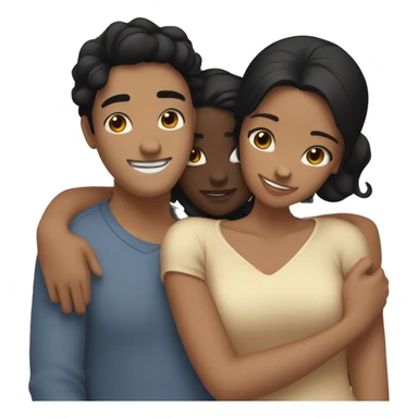 Three friends !  hugging each other warmly. One friend has fair skin and straight black hair, another has dark skin with black hair styled in a low bun, and the third has tan skin with wavy black hair.” sticker