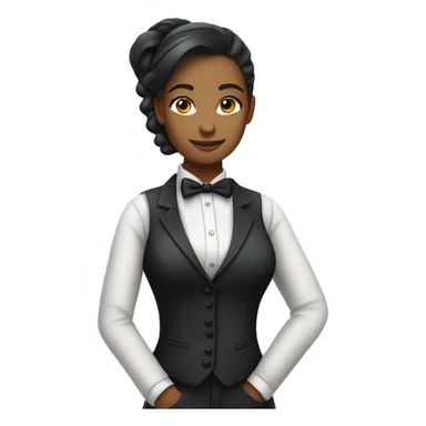 a female butler with a professional and elegant demeanor. She has her hair neatly tied in a ponytail and wears a classic butler uniform, including a tailored vest, crisp white shirt, and bow tie. sticker