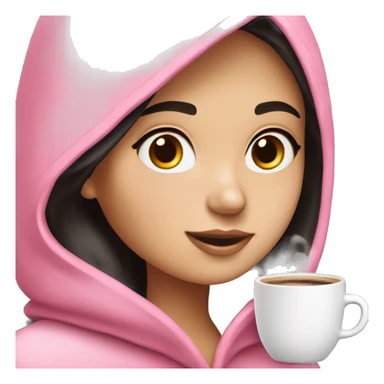 Brunette girl emoji that wears pink robe with white lines,light pink colored headphone,fair skin and almost black hair looking at her pink macbook with a cup of coffee sticker