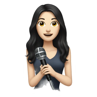 a woman with long black-brown hair, hazel eyes, pale skin, singing into a microphone sticker