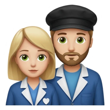 a blonde bearded guy wearing black cap, tall, fair skinned, brown eyes,  looking into the girls eyes who is short than him having green eyes and brown hair, who is in love with the guy, girl is wearing a lab coat, guy is wearing a brown jacket and blue jeans sticker