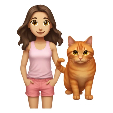 a white girl white hazel eyes and long dark brown hair petting her orange cat, the cat that is orange has yellow eyes. she is wearing a pink tank top with light wash shorts. make them both smiling.  sticker