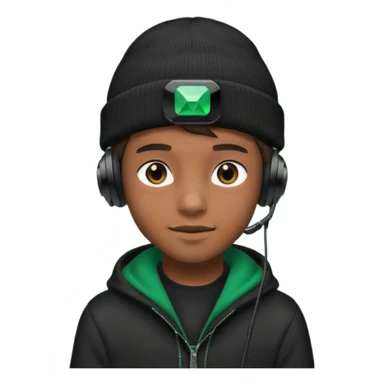 garcon avec un bonnet noir avec un emeraude dessus et un casque gaming sticker