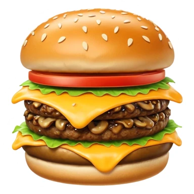 mushroom burger object icon, sauteed mushrooms, beef patty, melted cheese, sesame bun, 3D cartoon, mobile game icon style, clean background, no text, no watermark
 sticker