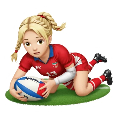 Chica de pelo rubio tirada en el suelo boca abajo agarrando un balón DE RUGBY con las manos vestida con una equipación de color rojo y blanco con líneas y con unas botas de tacos de fútbol, con un bucal en la boca y el pelo con trenzas, se la tienen que ver las 2 piernas  sticker
