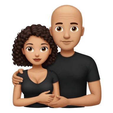 A picture of a tanned couple with the man's arm around her. the man is a Mexican man with tanned skin, a bald hair cut, short beard and wearing a black shirt. the woman is mixed, with curly dark brown hair and with big boobs  sticker