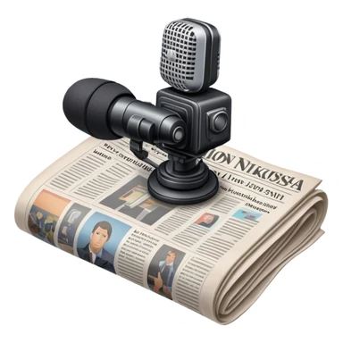 An icon featuring a microphone, a newspaper, a professional camera Nikon D5, representing journalism and mass media. The design includes headlines and imagery, symbolizing the spread of news and information. Transparent background highlights the power of communication and media. sticker