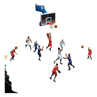 An icon showing a basketball court with players in action, inspired by NBA 2K25. A player jumps for a dunk, the ball mid-air, with the court’s floor and surrounding basketball arena visible. Bright lights highlight the excitement of the game. Transparent background. sticker