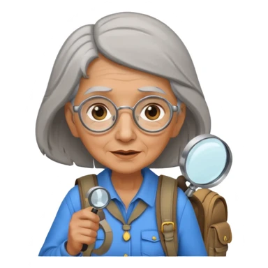 Explorer old woman with magnifying glass and backpack, portrait sticker