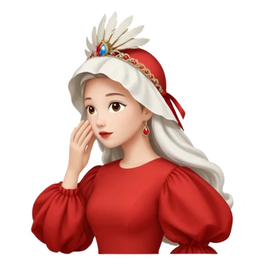 mujer de perfil con un vestido rojo de manga y falsas largas y voluptosas, y una toca blanca GRANDE que no se le ve la cara porque la toca la cubre sticker