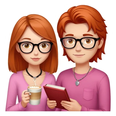 brunette haired girl with hazel eyes drinking latt, hair just below shoulder length and wearing a pink shirt, also with a necklace. Put her with her boyfriend who has orange/red hair, black glasses, and is taller than her. He needs a book in his hand  sticker