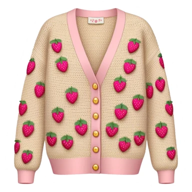 beige crocheted cardigan embroidered with small pink strawberries sticker