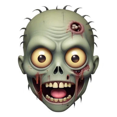 Cinematic Comical Zombie Portrait Emoji, with a grotesquely exaggerated yet playful decaying face in muted ashen tones, head cocked in a dramatically shocked expression with wildly comical, googly eyes and a gaping, silly grin revealing quirky stitches, simplified yet hilariously expressive, highly detailed with a soft eerie glowing outline capturing the absurd humor of a zombie in comic disbelief! sticker