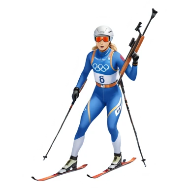 An icon showing a biathlete skiing on a snow-covered Olympic track with a rifle on their back. Cheering fans fill the stands. Majestic mountains, snowy trees, and a bright blue sky complete the scenic winter landscape. Transparent background captures the spirit of biathlon. sticker