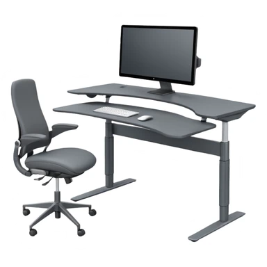 3D minimal icon of a wide height-adjustable motion desk with dual monitors and a modern ergonomic office chair, with a subtle accent in #FF3D00. Clean and high-end style. sticker