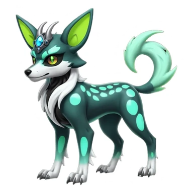 Hyper realistic slim horned skeletal black and neon green futuristic shiny colorful bioluminescent cyber-Poochyena-Lycanroc-Zorua-Litten-Houndoom-Fakémon-Pokémon-Digimon-hybrid-fusion (full body) with a skull face sticker