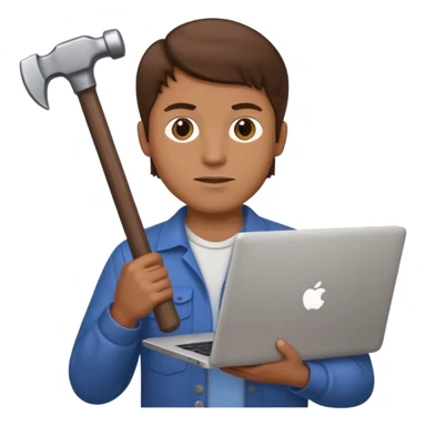Brown haired man holding a laptop computer in one hand and a hammer in the other hand  sticker