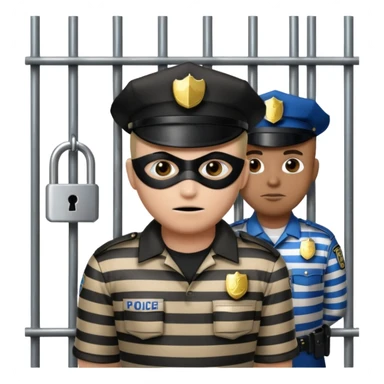 emoji of a cartoon thief in a striped mask behind metal bars with a lock and police officer nearby, chains draped across the bars sticker