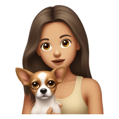 A girl with long brown hair, big brown eyes, big lips wearing a singlet top, she is holding a fawn coloured chihuahua sticker