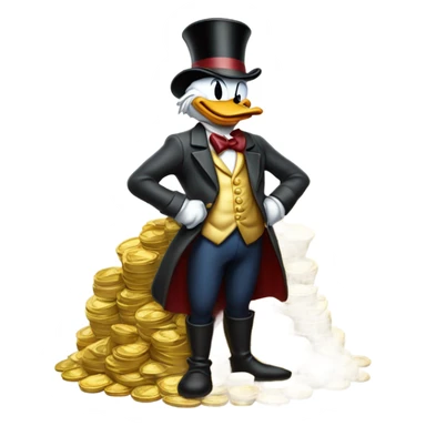 a slim successful looking scrooge mcduck standing atop a pile of money sticker