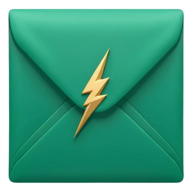 3D minimal envelope icon with small lightning bolt accent, matte finish, deep green (#0B3D2C), gold (#C9B037) lightning, Apple style, ultra minimal, soft shadow, transparent background sticker