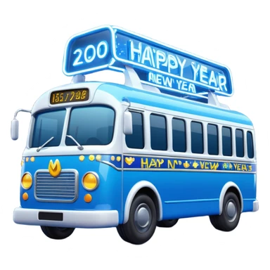 3D emoji of a modern blue
Moscow Electrobus decorated with glowing neon Christmas lights and a
"Happy New Year" digital sign on the front. Stylized 3D model, glossy finish, cute proportions, vibrant blue color, isolated on a white background. sticker