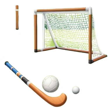 field hockey stick and ball on green grass field with goalposts sticker