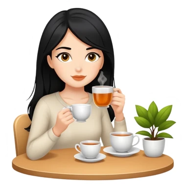 white girl with black hair doing self care, drinking tea, relaxing sticker