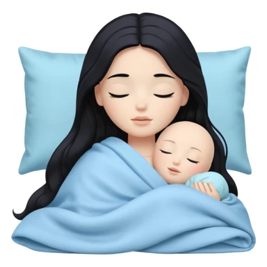 faça uma boneca branca, dos olhos pretos, cabelo preto longo com ondas leves deitada com travesseiros e cobertas azuis pasteis com os olhks fechados sticker