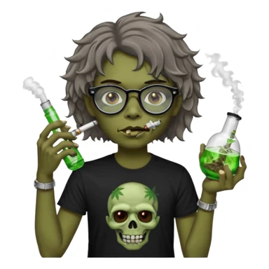 brown short wavy haired zombie getting stoned with weed t shirt and bong on his hand and wearing black chrome hearts bifocals sticker