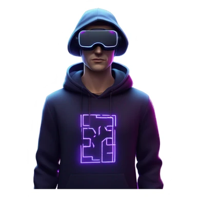 Russian man wearing a black hoodie with "OMG" letters on it and VR headset in a cyberpunk VR environment with violet neon lighting. sticker