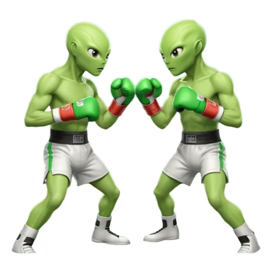 two aliens boxing in a fight stance, facing each other with raised gloves, dynamic action pose, intense expressions, sci-fi arena vibe, 3D cartoon style, mobile game icon style, clean background, no text, no watermark
 sticker