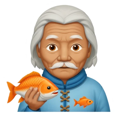 old inuit man with traditional inuit clothes and orange fish sticker