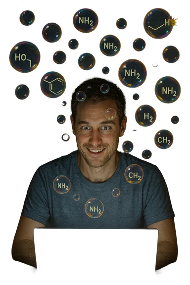 a man sits in front of a glowing screen, with colorful, artificial-looking dopamine molecules floating around his head like soap bubbles. Some bubbles pop and disappear quickly, symbolizing fleeting pleasure. In the background, a shadowy version of the man looks unsatisfied or empty, highlighting the temporary nature of the gratification. realistica con persone vere sticker