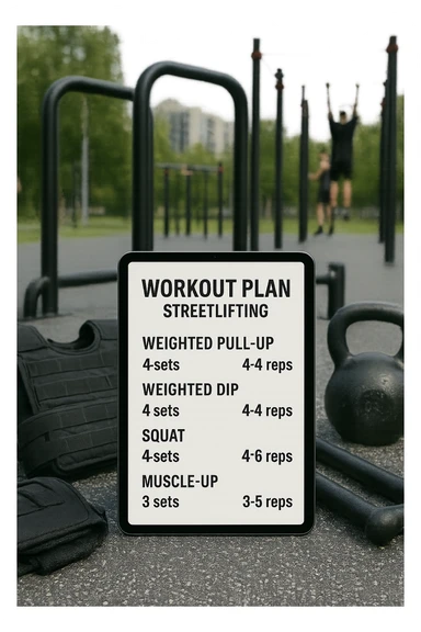 a detailed workout plan for streetlifting displayed on a clipboard or digital tablet, surrounded by gym equipment like weighted vests, dip bars, pull-up bars, and kettlebells. The plan includes exercises such as weighted pull-ups, weighted dips, squats, and muscle-ups, with sets and reps clearly visible. The background is a modern outdoor calisthenics park, with athletes training in the distance. sticker