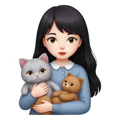girl,drak eyes, red cheeks, black long hair with a bang, white face, holding a British gray cat and a brown teddy bear sticker