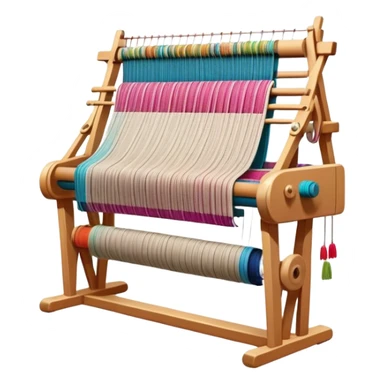 Create an icon that represents the hobby of weaving. The design should include a loom, threads, and a partially woven fabric, along with a piece of colorful fabric and sewing patterns. Include a representation of finished clothing, like a simple shirt or dress, made from the woven fabric. The composition should feel balanced and harmonious, reflecting the creative and intricate process of weaving and sewing. The background should be transparent. sticker